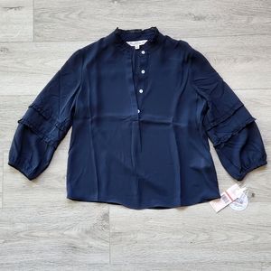 Eco Nanette Lepore Navy Shirt Womens Xs Ruffle Three Quarter Sleeves